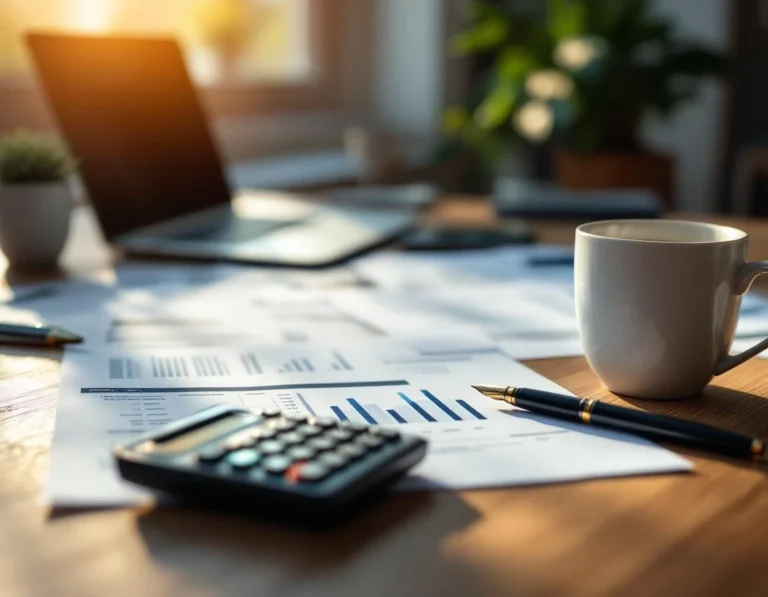 Business planning workspace with financial documents, calculator, and laptop in soft natural lighting