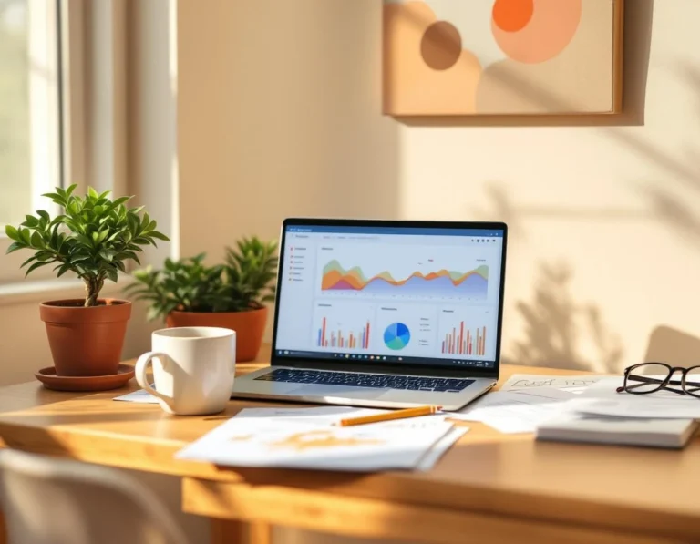 Sunlit home office desk with laptop displaying analytics dashboard, papers, and coffee mug in natural afternoon light