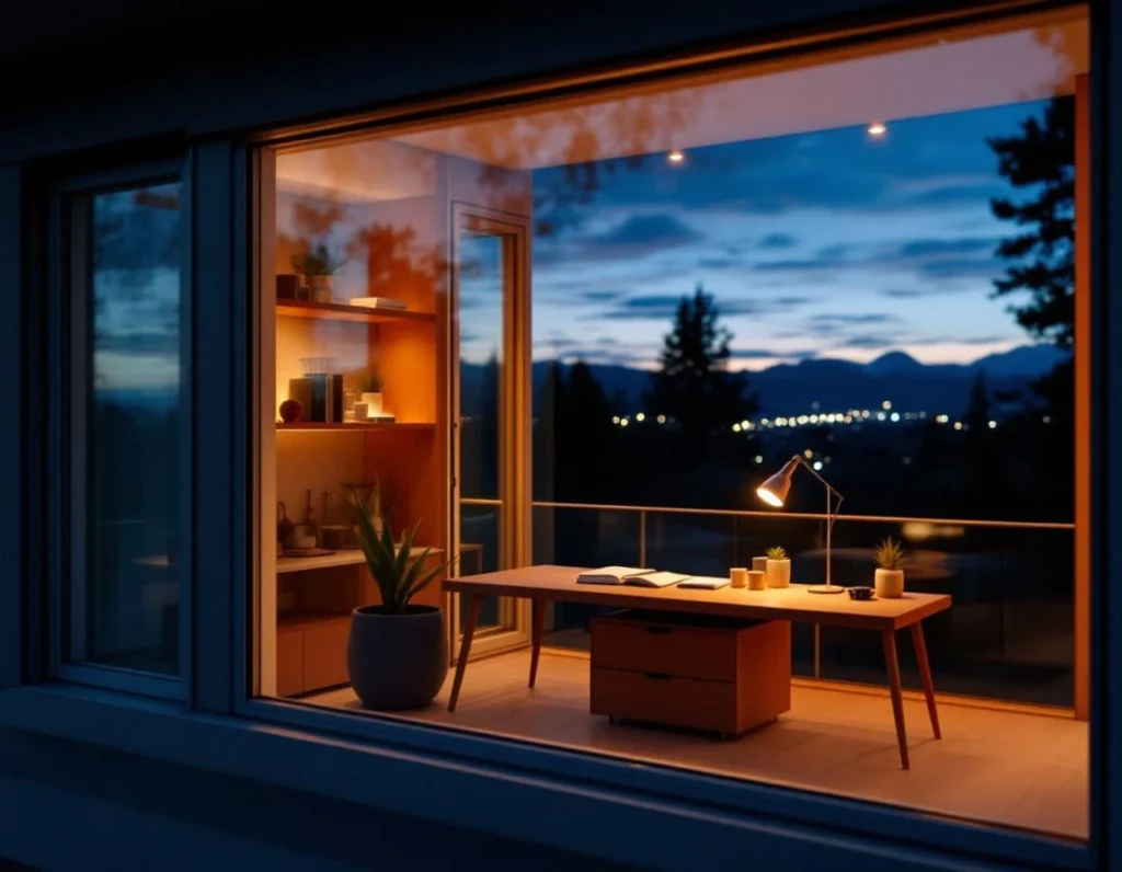 Modern home office workspace at twilight with ambient lighting and minimalist desk setup