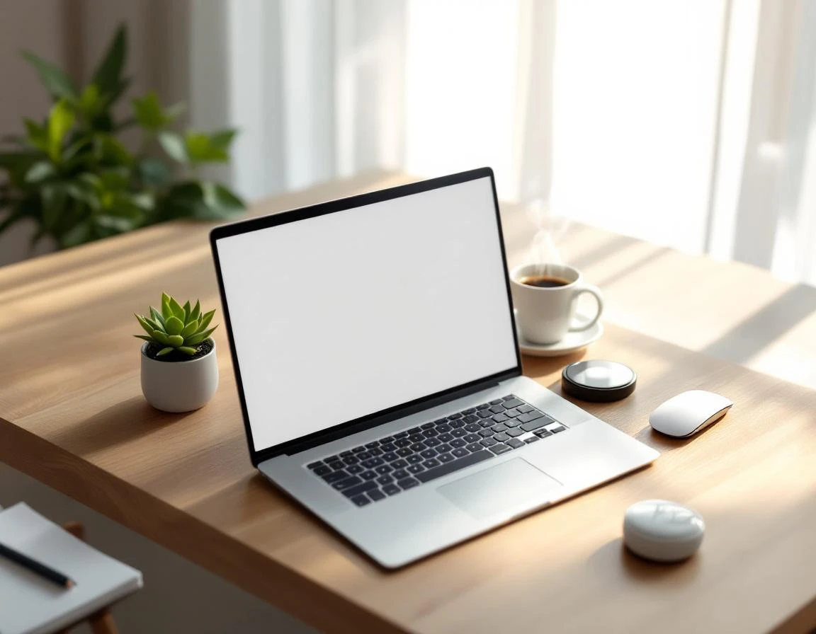 Clean workspace with laptop reflecting light, coffee, and plants ready for WordPress maintenance work