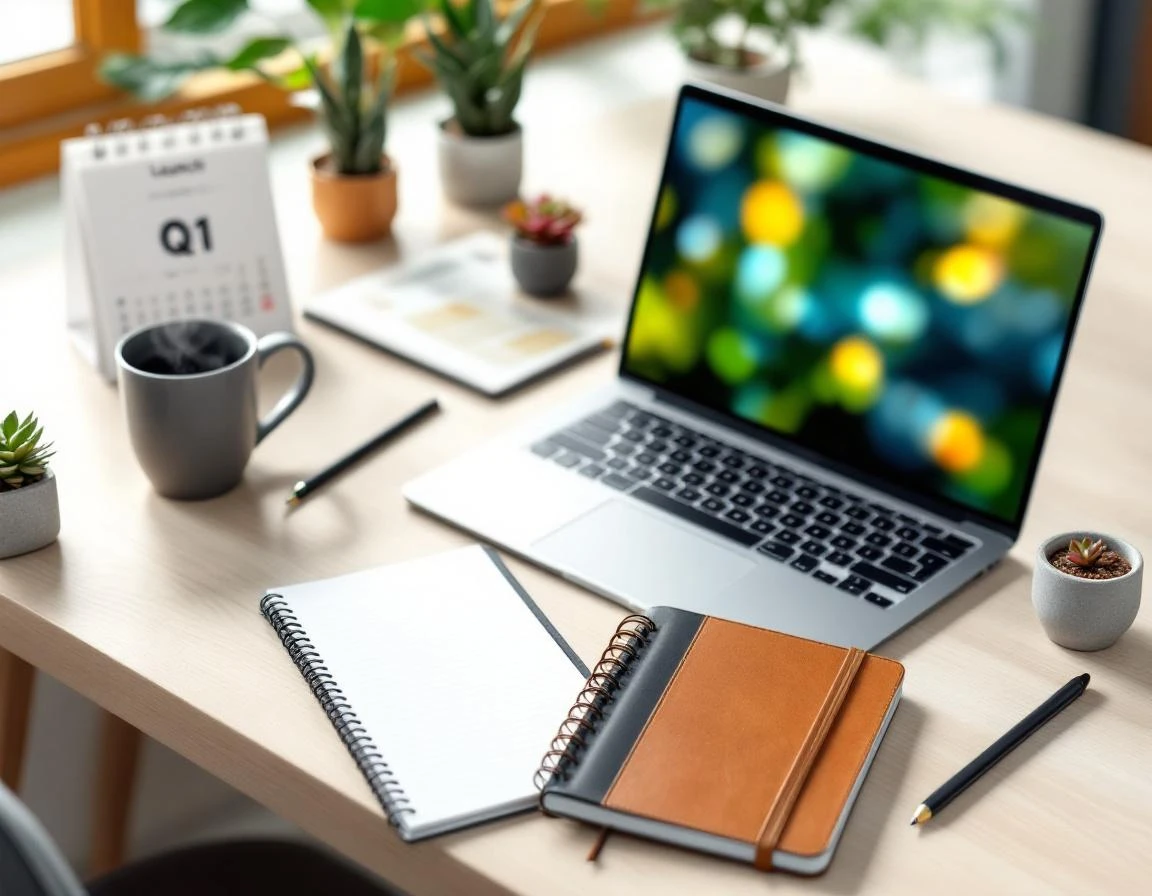 Workspace with laptop and planning materials arranged for strategic launch preparation