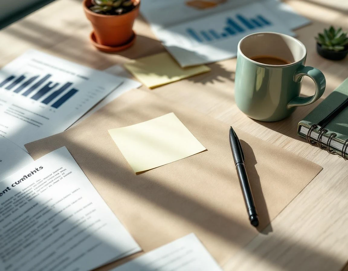 Workspace with printed reports, notebooks, and coffee during content audit planning session