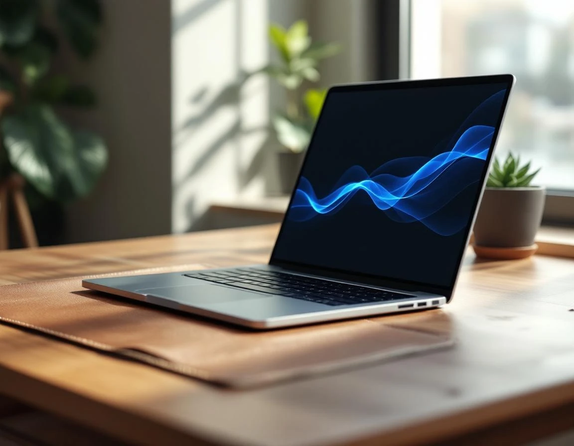 Modern workspace with laptop showing abstract data visualization for AI-driven business optimization