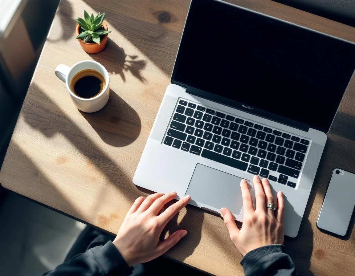 Overhead view of workspace with laptop, coffee, and hands typing showing modern content creation setup