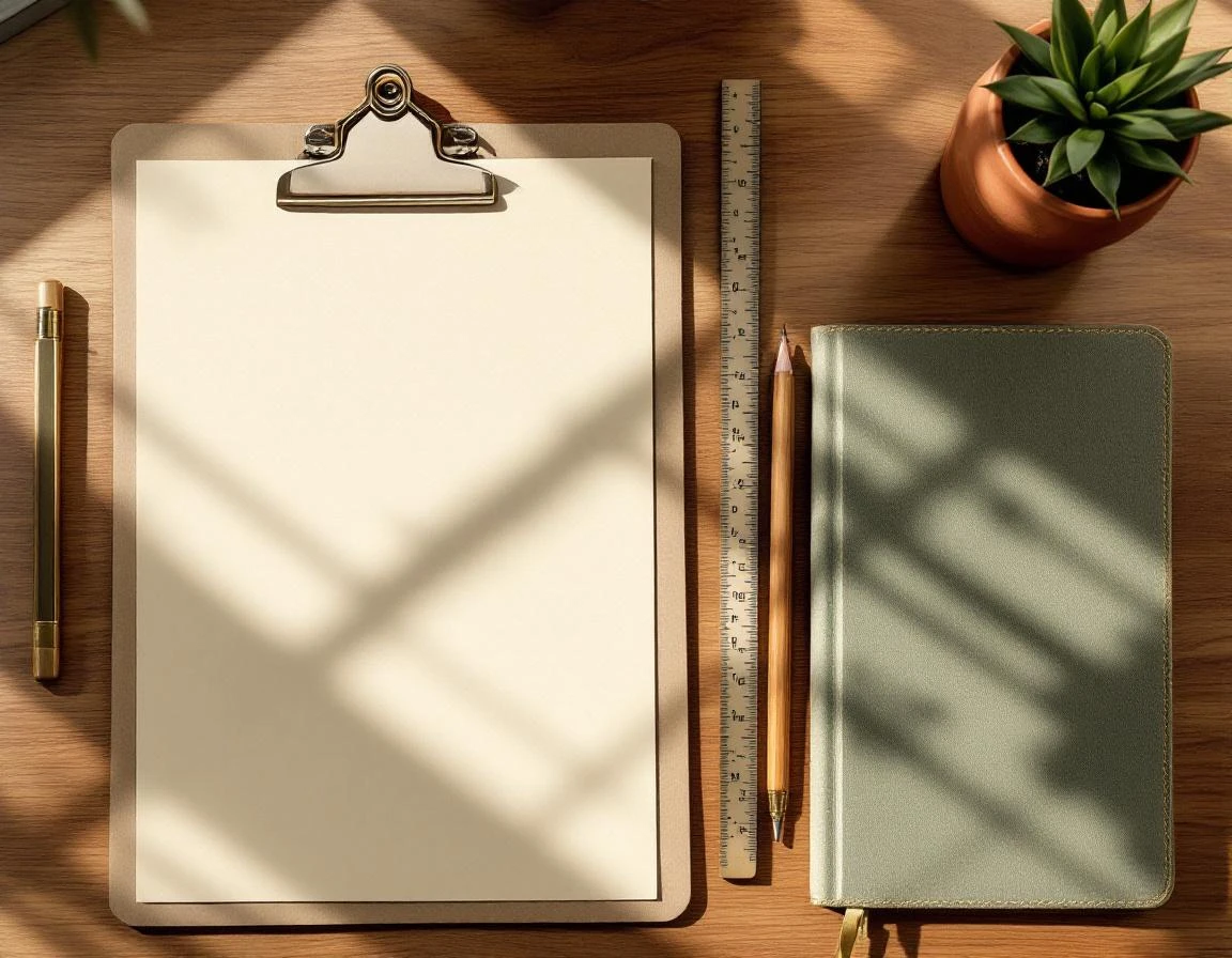 Workspace desk with blank clipboard, planning journal, and organizational tools arranged for content strategy work
