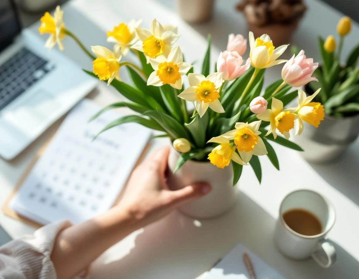 Hand arranging spring flowers on desk with calendar and laptop during content refresh planning session