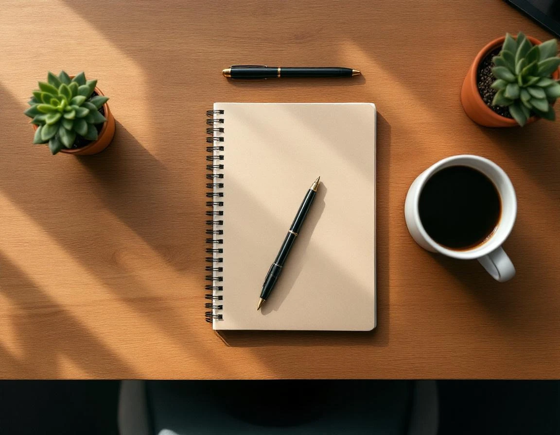Overhead view of closed notebook and coffee on wooden desk representing content strategy planning workspace