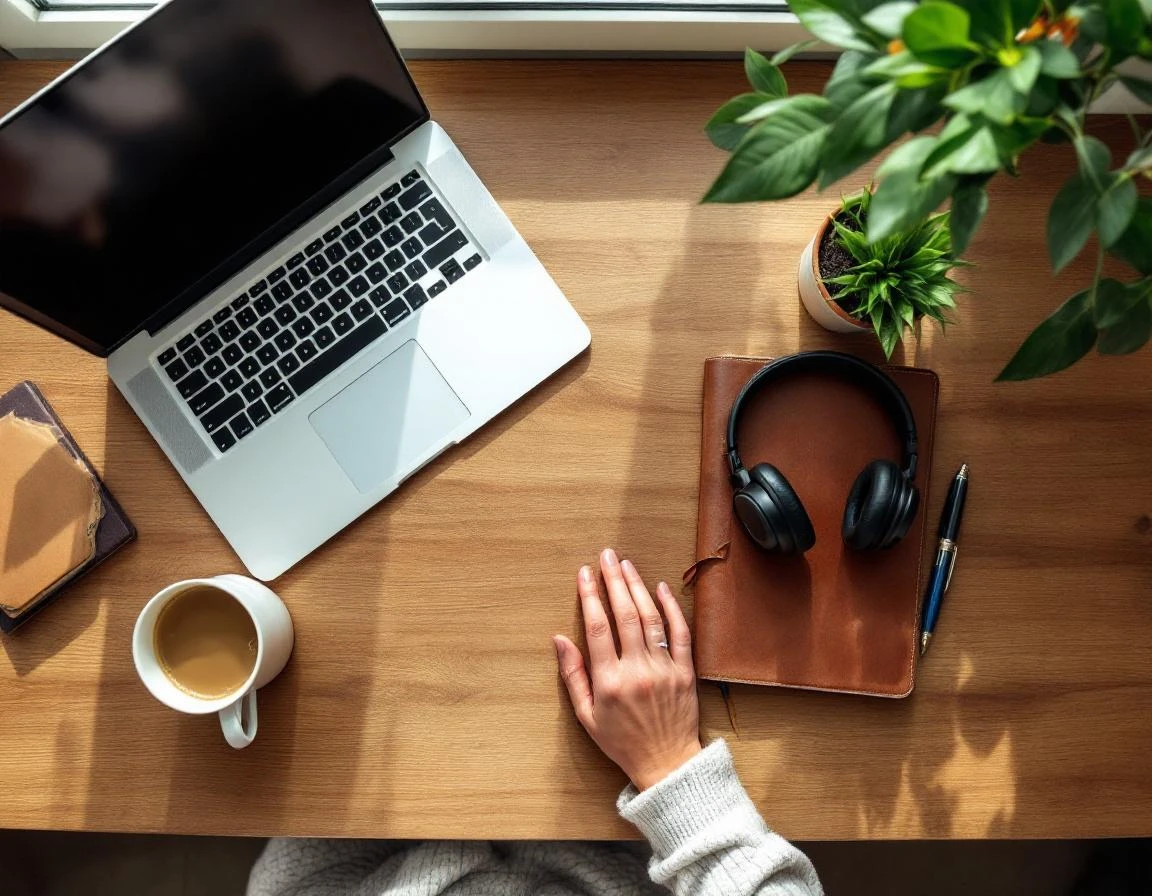 Overhead view of workspace with laptop, coffee, notebook, and natural lighting creating warm work atmosphere