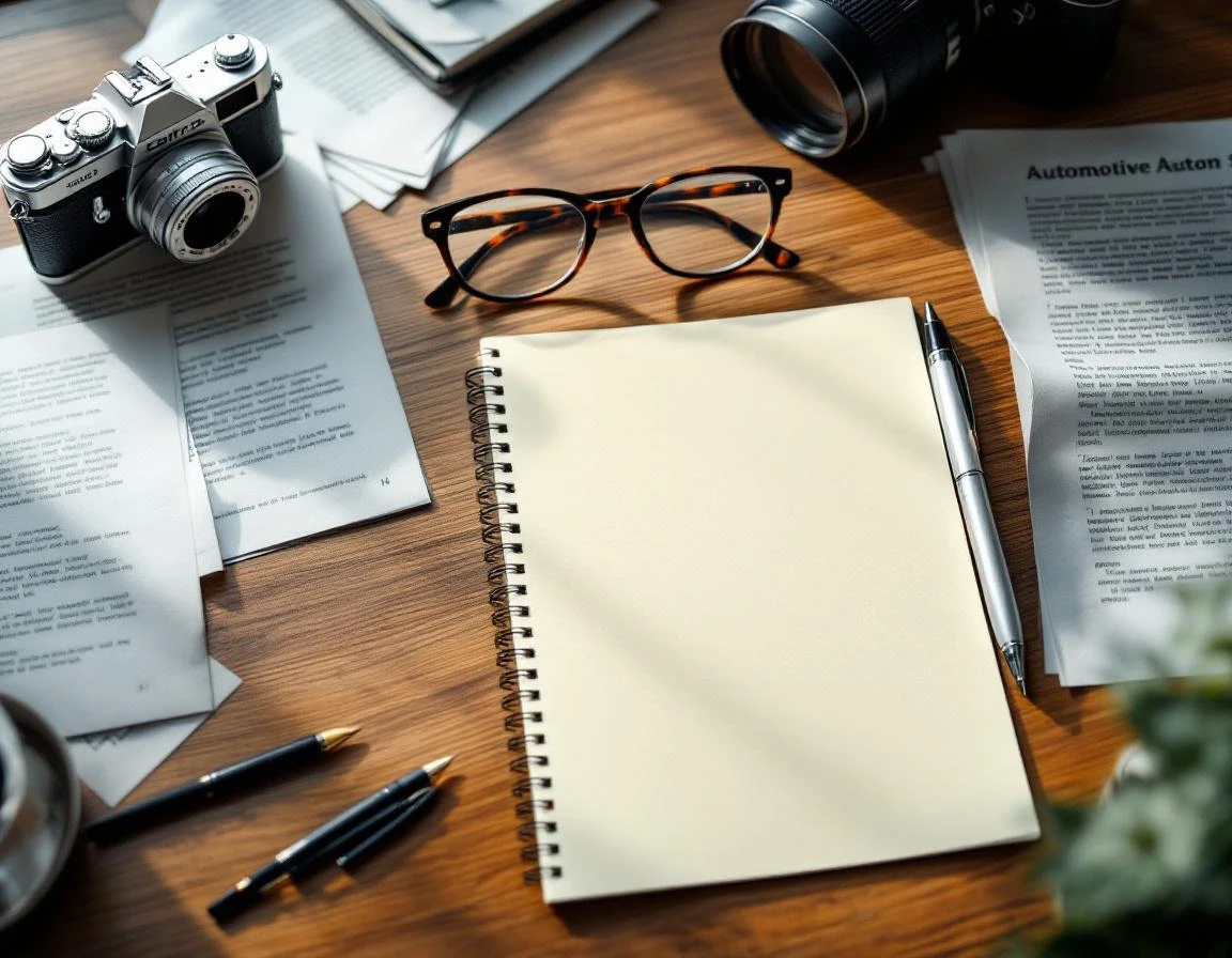 Wooden desk with mechanical pencil, blank notepad, and blurred business documents in auto shop office