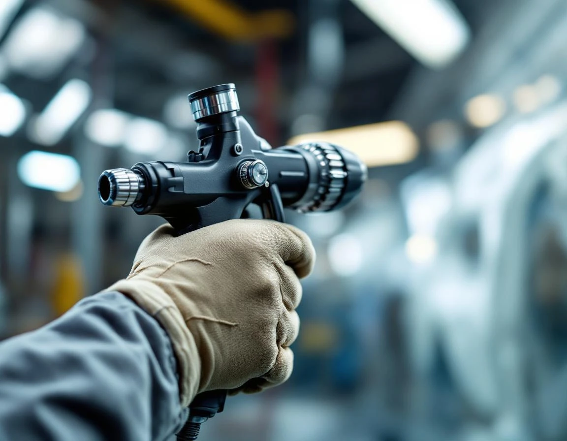 Professional HVLP spray gun held with proper technique in auto body shop with natural workshop lighting