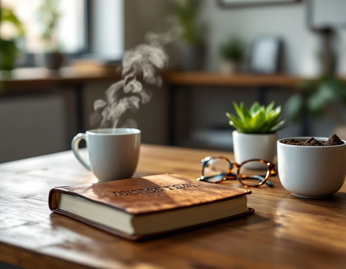Professional desk workspace with leather journal, coffee mug, succulent plant, and glasses on wooden surface