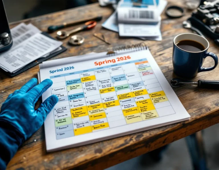 Spring repair calendar on auto shop workbench with seasonal maintenance planning notes and tools