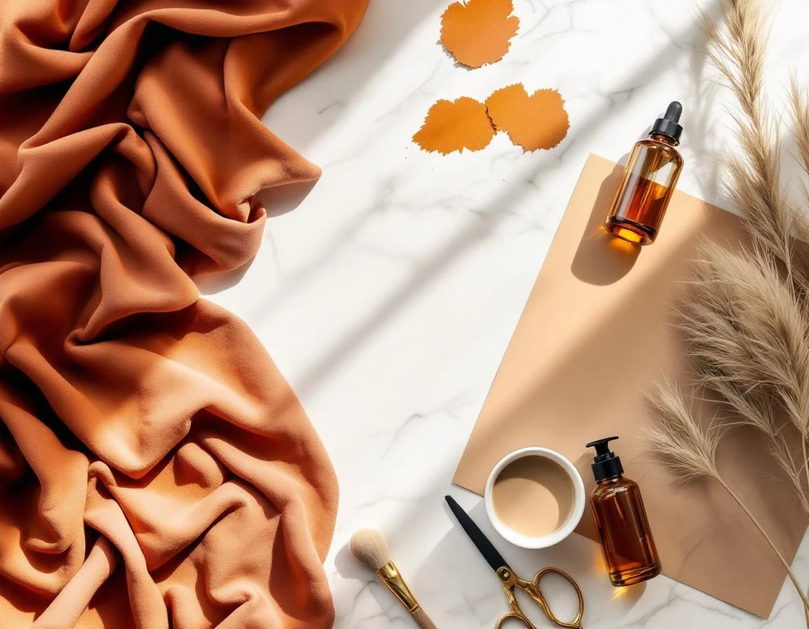 Flatlay of autumn color swatches, beauty products, and styling tools arranged on marble surface with natural lighting