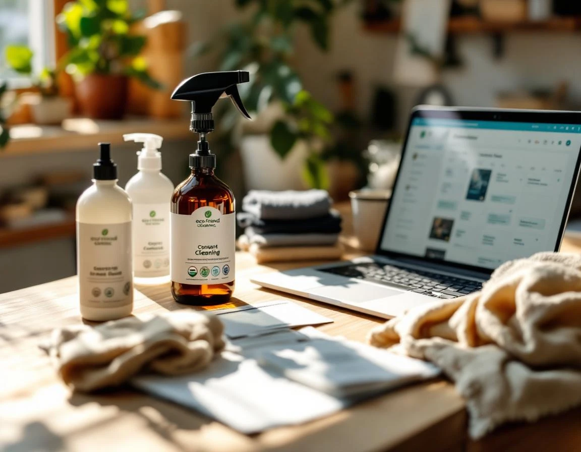 Eco-friendly cleaning products and certification materials arranged on sunlit workspace with open laptop