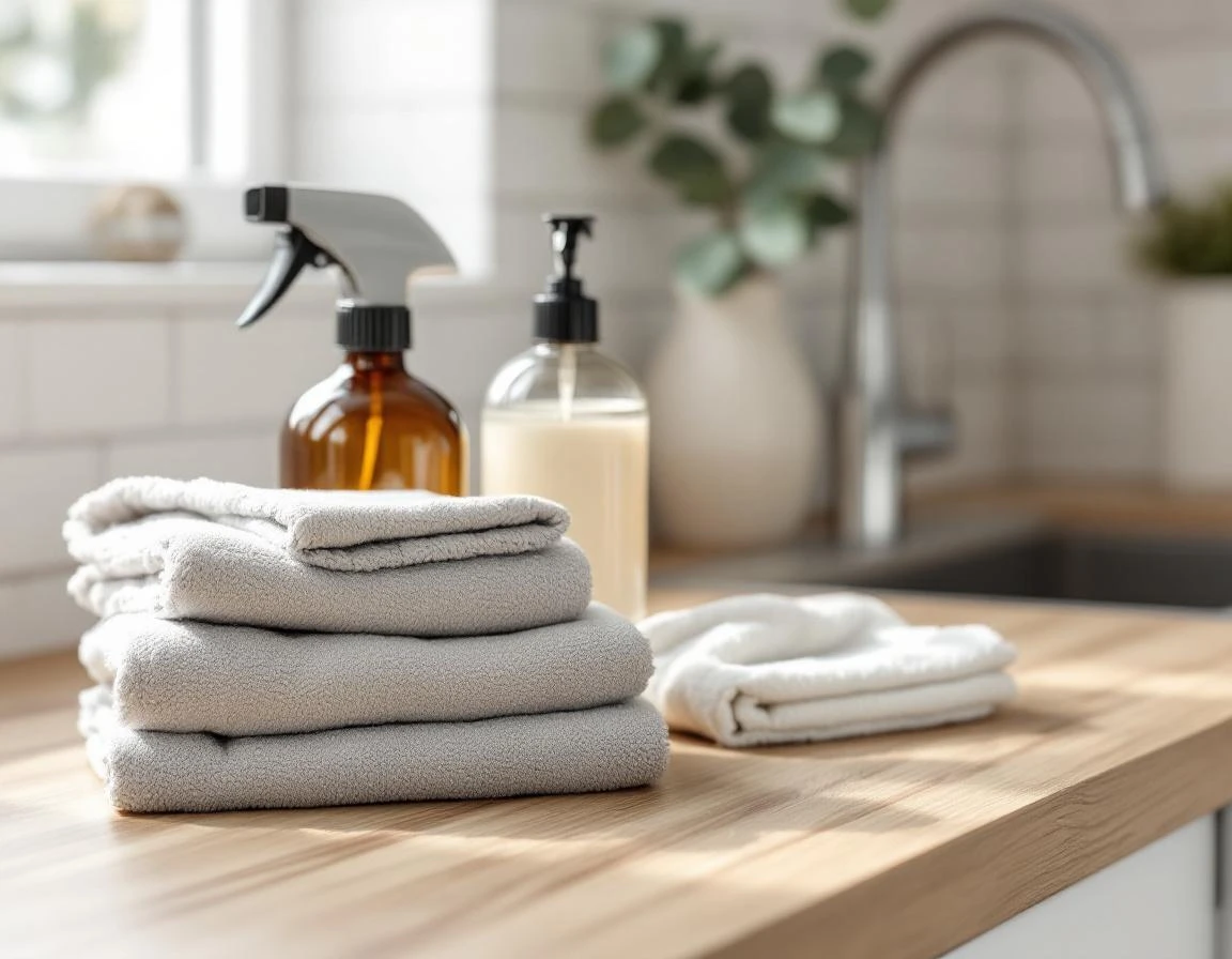 Professional cleaning supplies with glass bottles and folded microfiber cloths on natural wood countertop