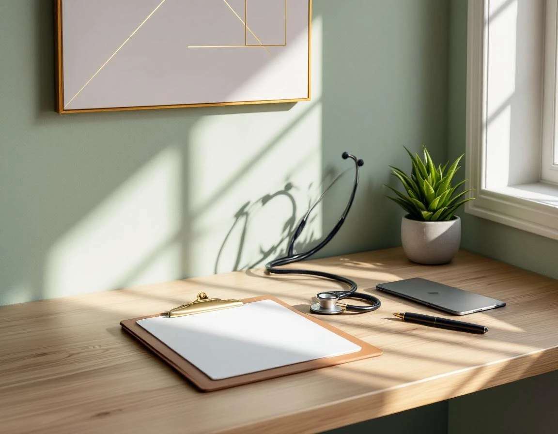 Minimalist wellness practice desk with medical clipboard, tablet, and stethoscope in natural window light