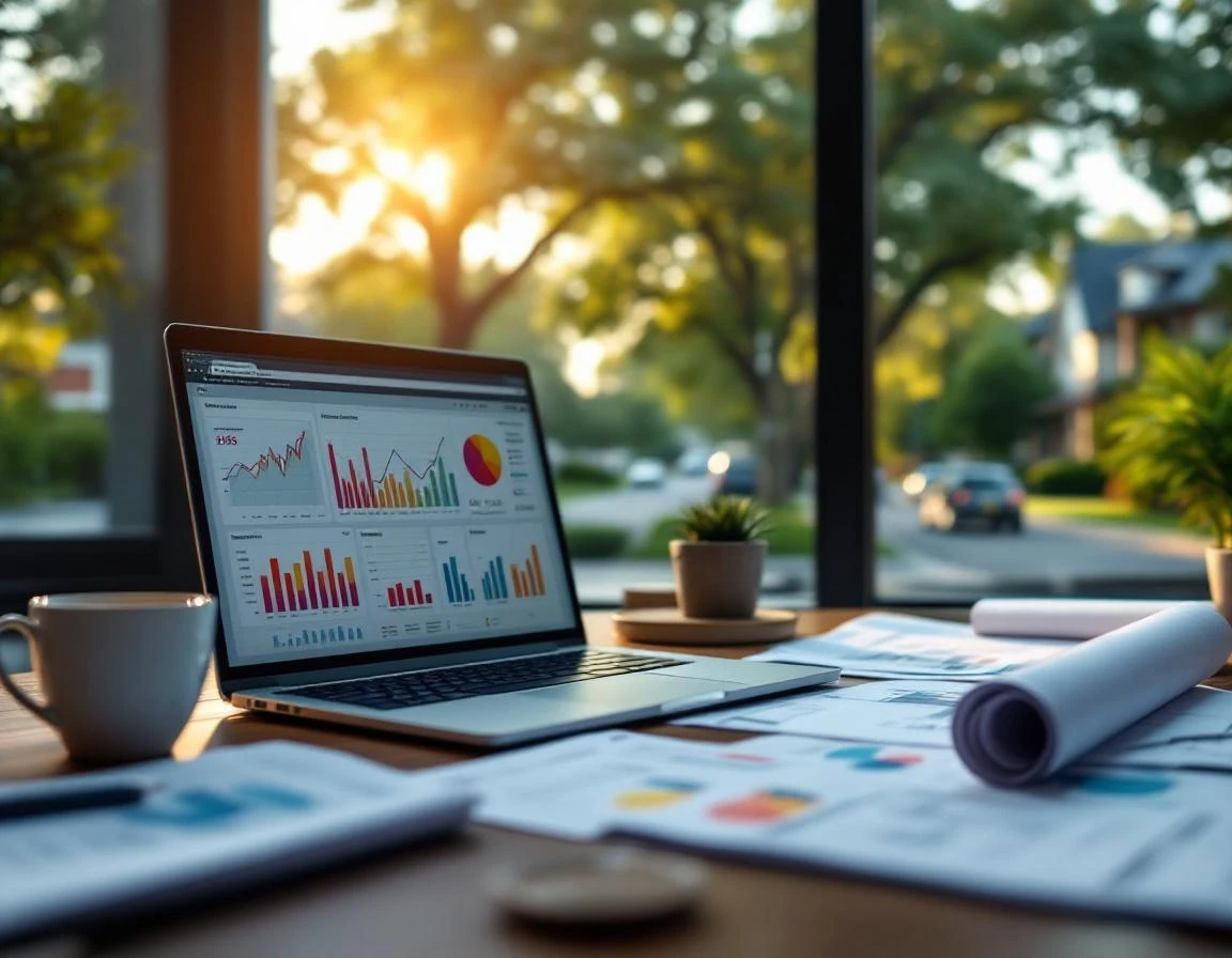Real estate workspace with analytics reports and market data materials on a professional desk