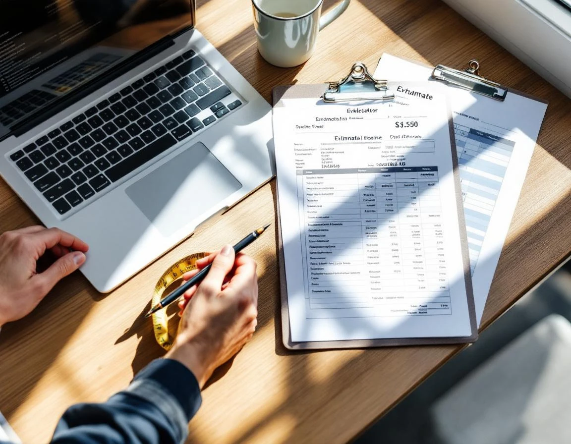 Professional moving estimate workspace with calculator, clipboard, and measuring tape on wooden desk