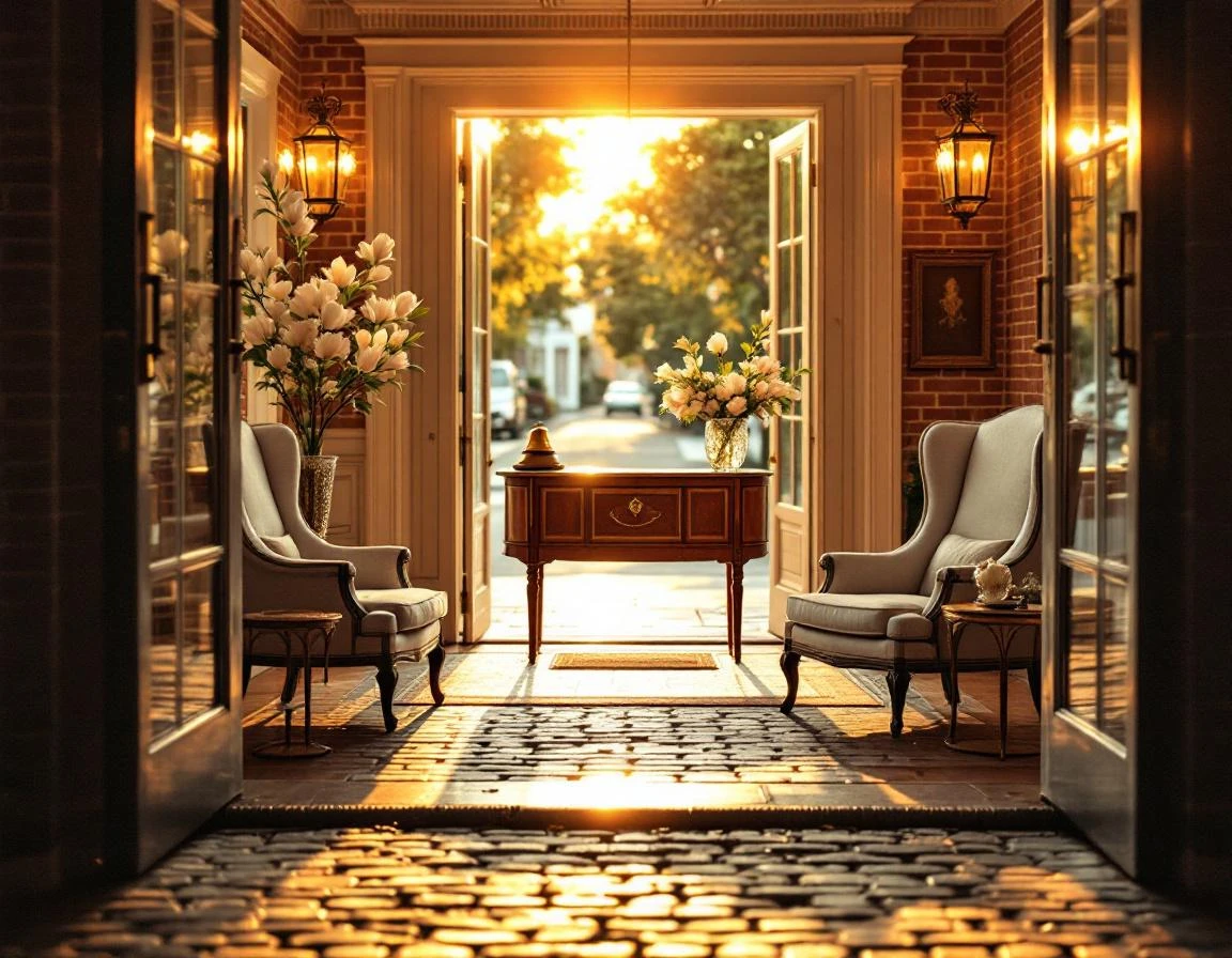 Boutique hotel lobby entrance with mahogany desk and fresh flowers in warm afternoon light