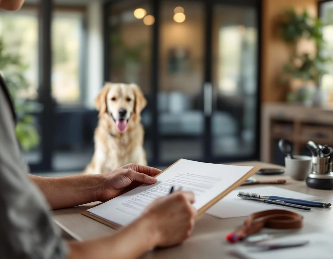 Staff member reviewing professional documentation at organized desk in modern pet boarding facility workspace