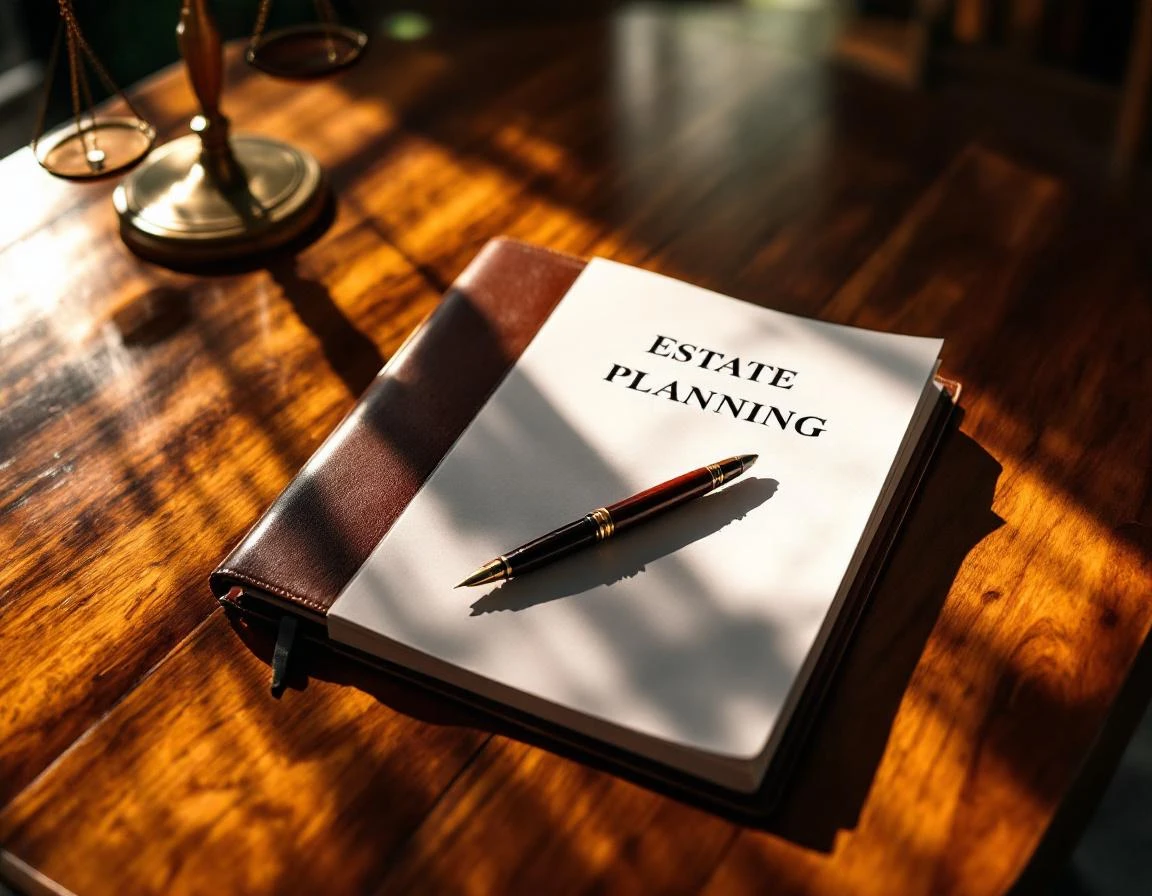 Organized estate planning materials on a law office desk with warm natural lighting
