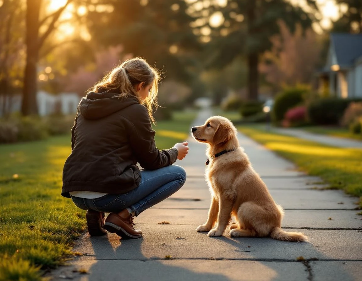 Dog trainer working with young puppy during critical socialization window in suburban neighborhood setting