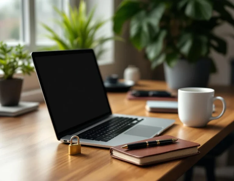 Professional workspace with closed laptop, security lock, and organized desk setup emphasizing security practices