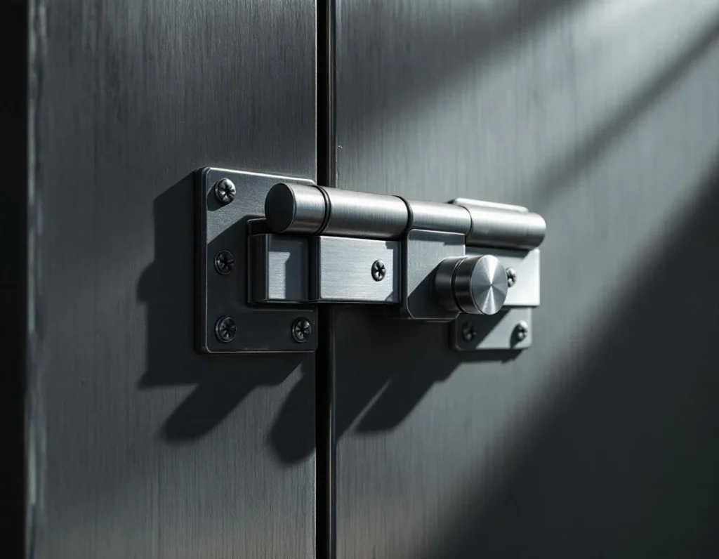 Reinforced security door with heavy-duty deadbolt and steel plating showing hardened physical protection layers