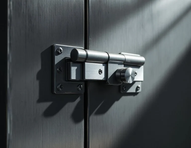 Reinforced security door with heavy-duty deadbolt and steel plating showing hardened physical protection layers