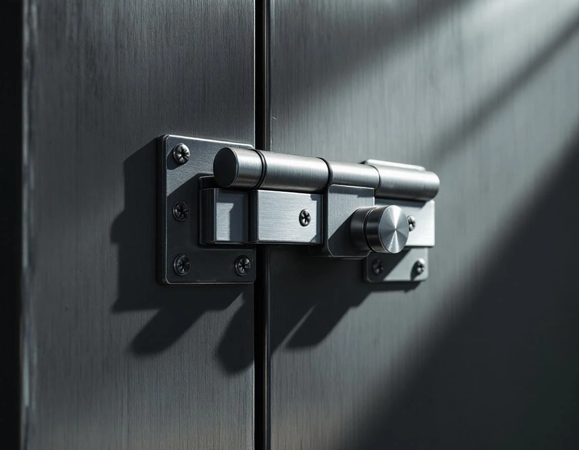 Reinforced security door with heavy-duty deadbolt and steel plating showing hardened physical protection layers