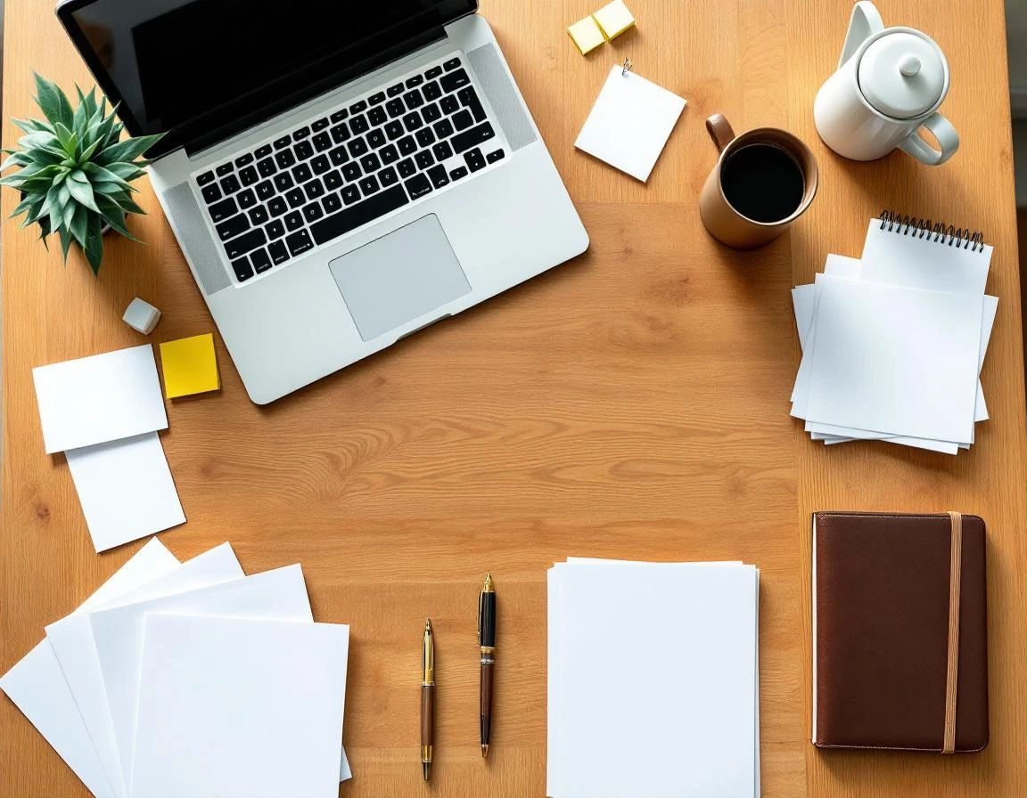 Overhead view of organized workspace with laptop, blank papers, and planning materials on wooden desk