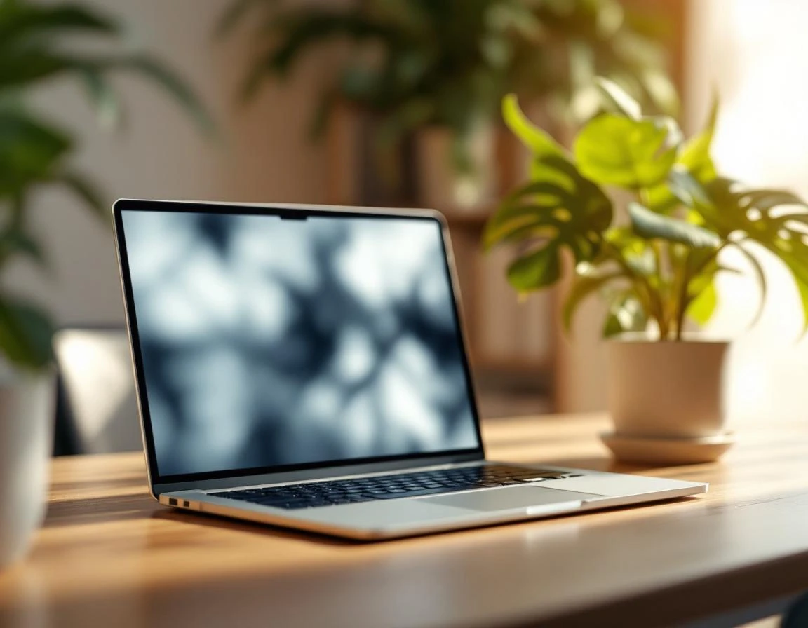 Modern laptop workspace with plants showing software interface in professional office setting