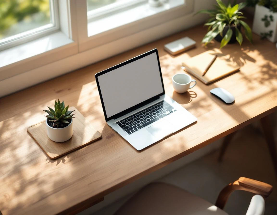 Minimalist workspace with closed laptop and succulent on wooden desk in natural light