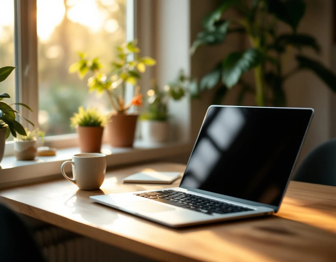 Laptop workspace with coffee cup in natural morning light showing personalized home office environment