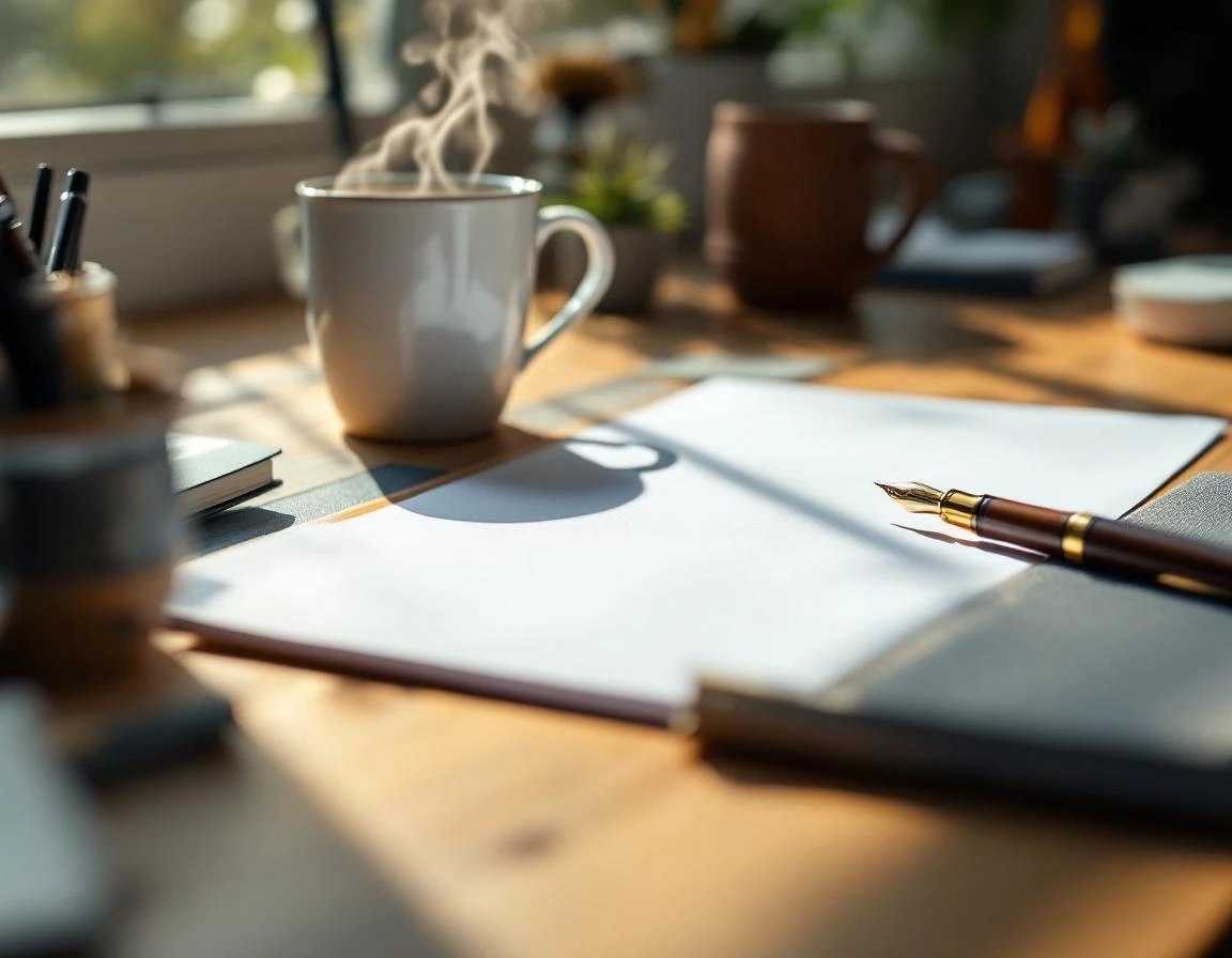 Morning desk workspace with coffee and planning materials showing a clean strategic setup for digital transformation