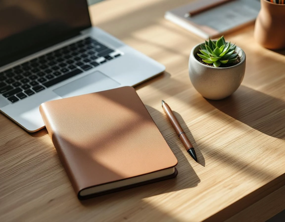 Minimalist desk workspace with laptop, leather journal, and succulent plant in natural morning light