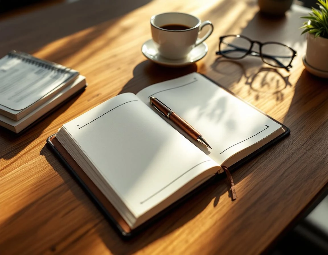 Organized desk workspace with planner and fountain pen in natural morning light