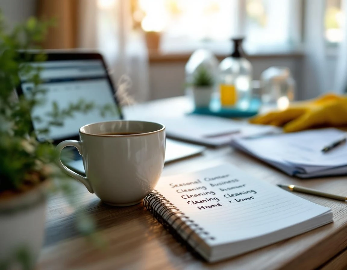Home office workspace with seasonal cleaning business planning materials, notebook, and cleaning supplies on wooden desk