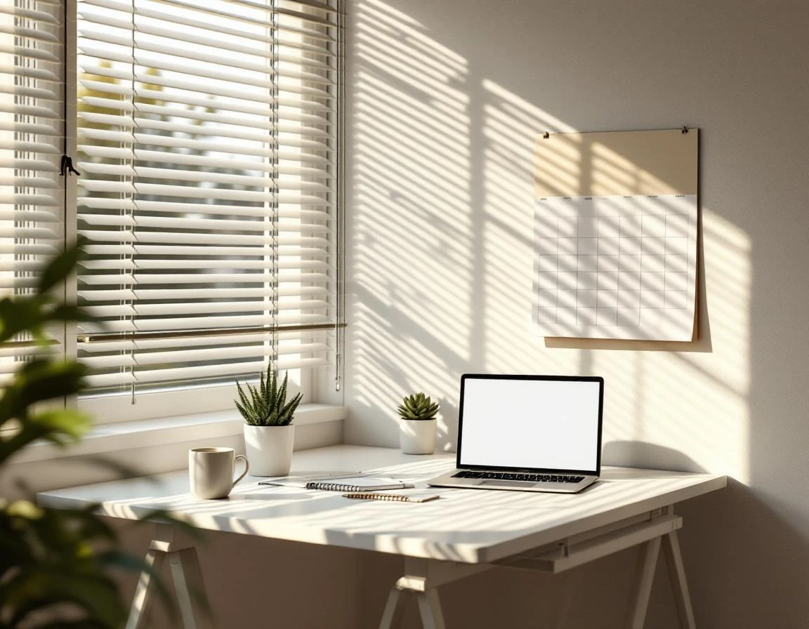 Clean home office workspace with calendar and coffee mug in morning light, ready for content planning sessions