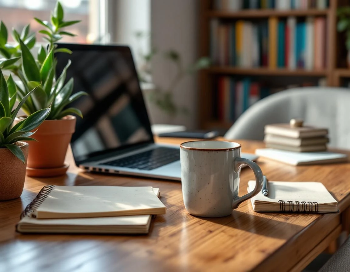 Workspace desk with laptop, notebook, and coffee mug showing authentic content creation environment
