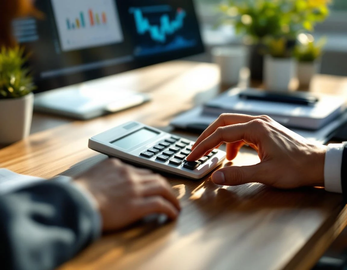 Professional hands using calculator on wooden desk with soft natural lighting in modern office setting