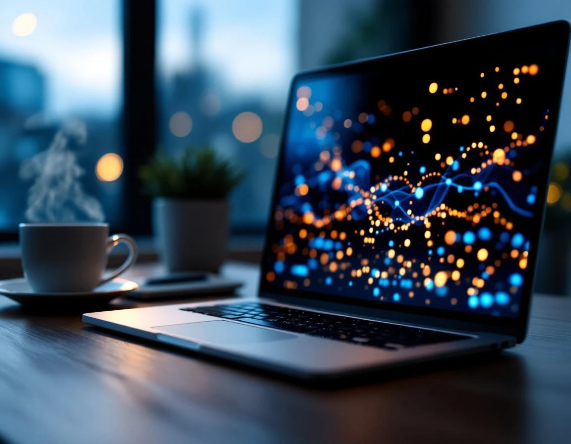 Home office workstation showing security monitoring dashboard with abstract data visualizations at dusk
