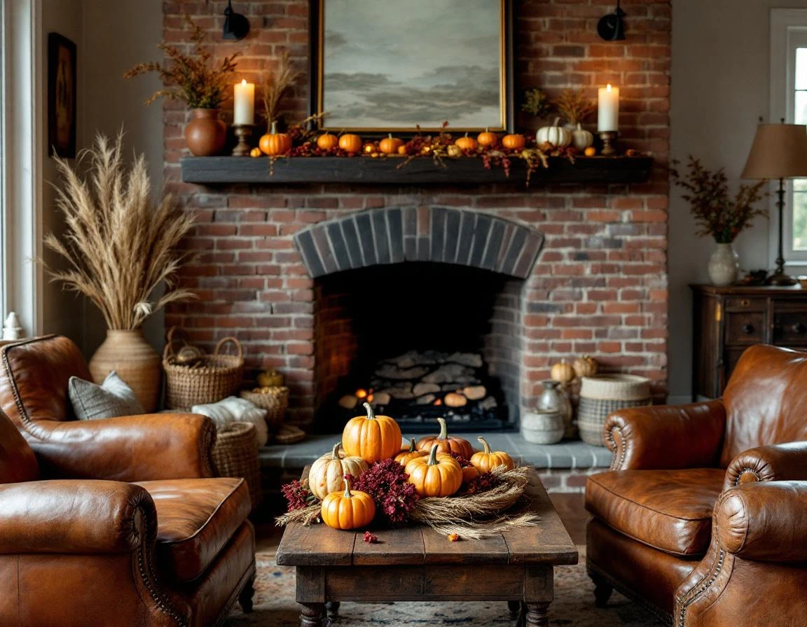 Autumn-decorated fireplace lounge in boutique hotel with leather seating and seasonal arrangement