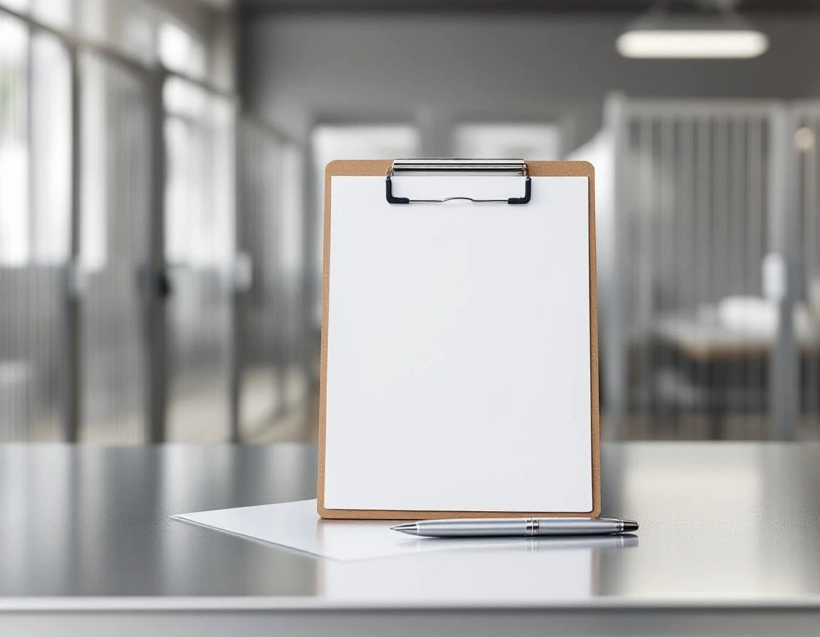 Blank clipboard with pen on counter in professional pet boarding facility with kennels visible in background