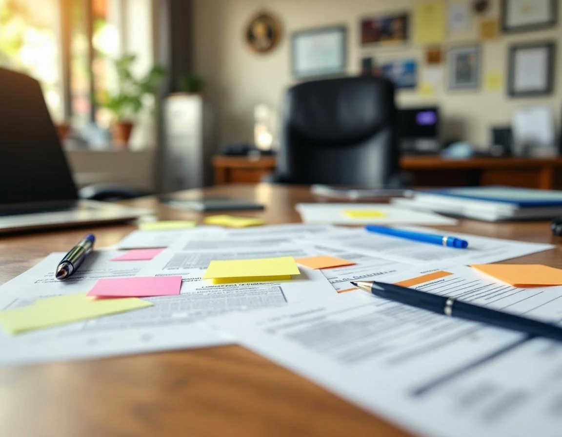 Insurance claim forms with sticky notes and pens on desk in collision repair office workspace