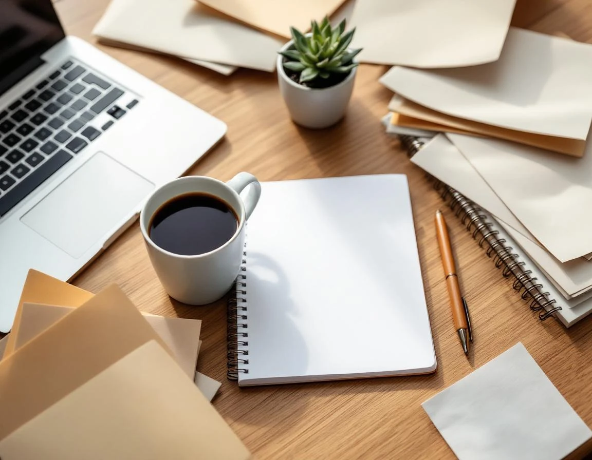 Overhead view of workspace with coffee, notebook, and planning materials on wooden desk
