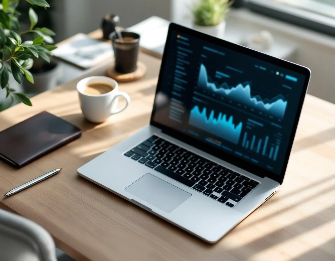 Modern workspace with laptop showing blurred analytics, coffee cup, and minimal office materials on wooden desk