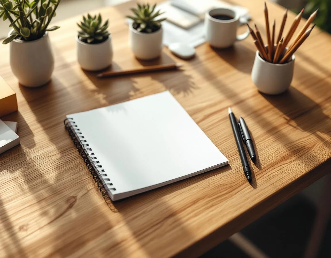 Organized desk workspace with blank notebook and writing tools arranged for content planning