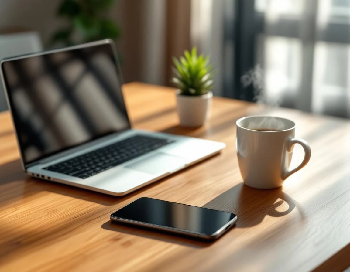 Organized home office desk with closed laptop, smartphone, coffee mug, and succulent plant in natural light
