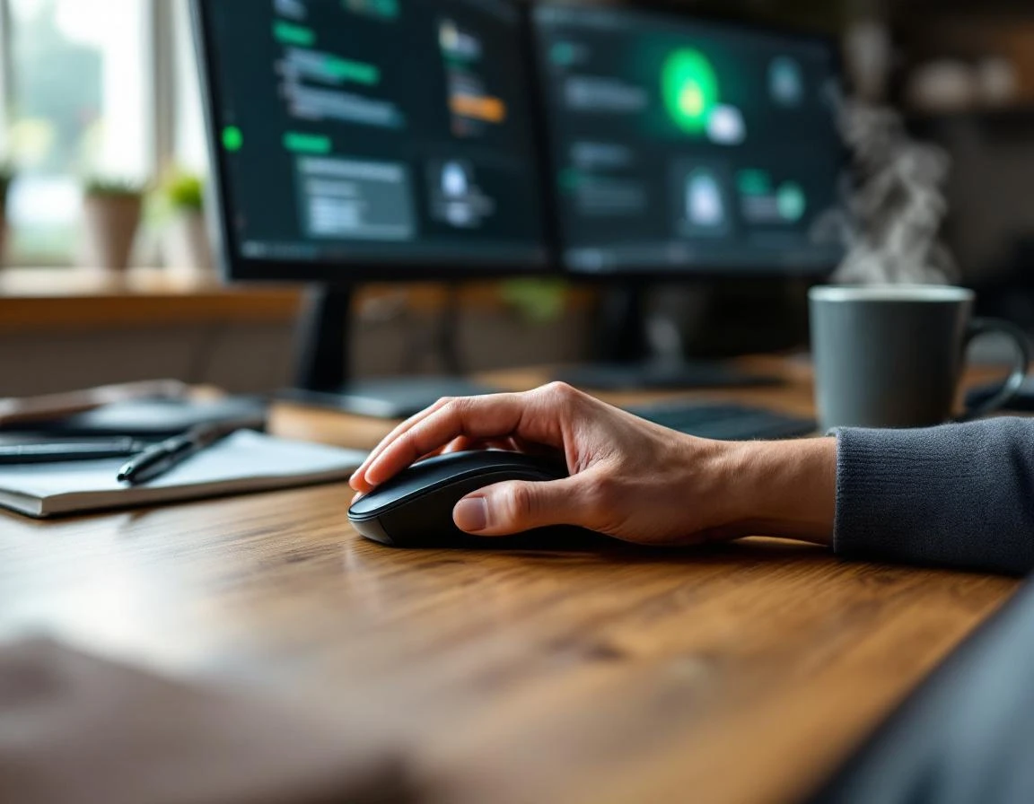 Professional hand on mouse at desk with monitors showing security icons during HTTPS migration workflow